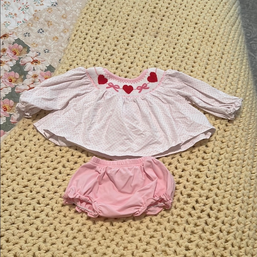 The Smocked Flamingo Pink Heart Smocked Baby Outfit 3-6m